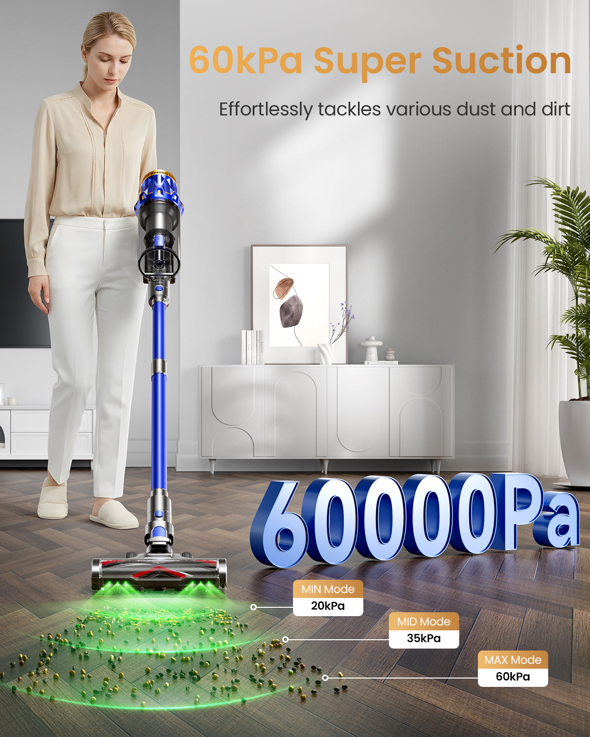 Cordless Vacuum Cleaner, Upgraded 60KPA 650W 70 Minutes Runtime Self-Standing Cordless Stick Vacuum with Rechargeable/Anti-Tangle/OLED Screen/1.8L Cup for Home Pet Hair/Carpet/All Floor
